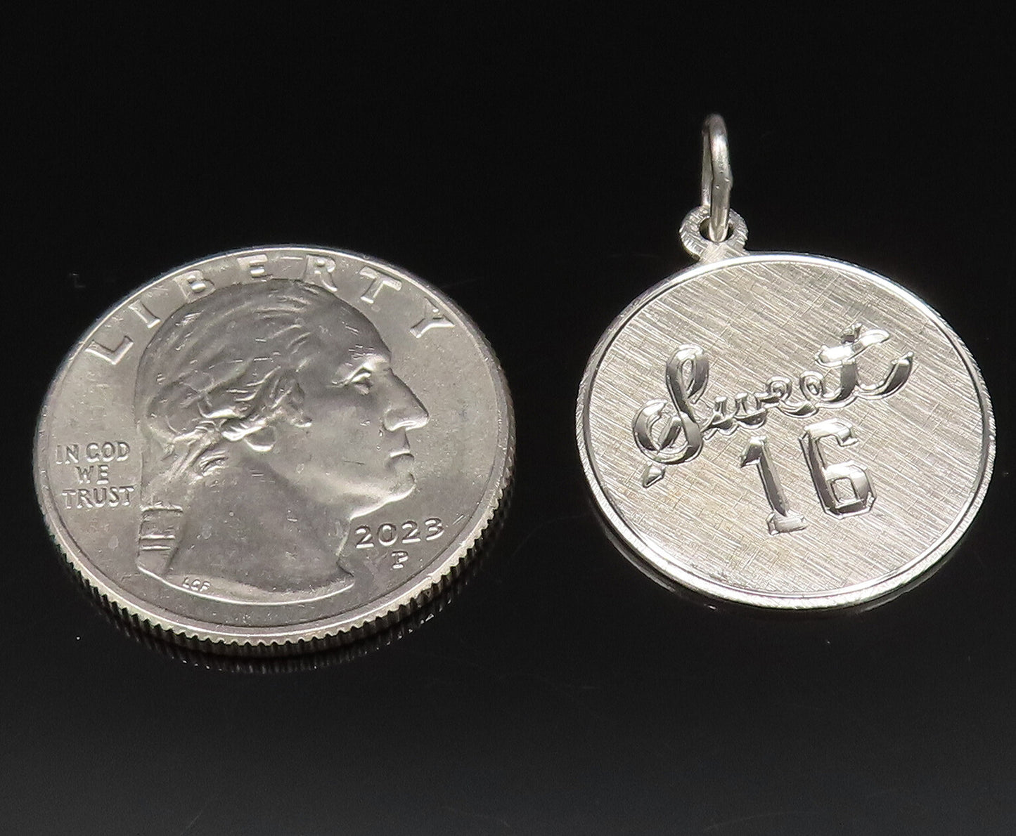 925 Sterling Silver  Vintage Sweet 16 Brushed Finish Medal Pendant  PT20922