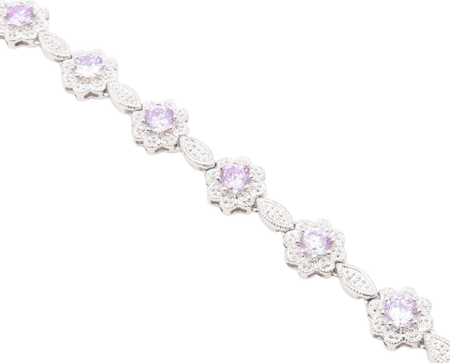 925 Sterling Silver  Shiny Purple Cubic Zirconia Floral Chain Bracelet  BT7366