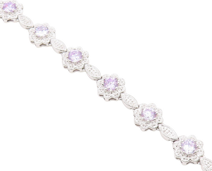 925 Sterling Silver  Shiny Purple Cubic Zirconia Floral Chain Bracelet  BT7366