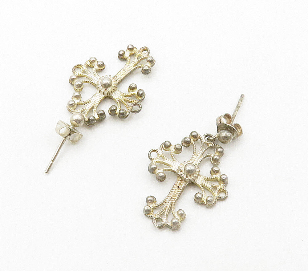 925 Sterling Silver  Vintage Swirl Religious Cross Drop Earrings  EG7874