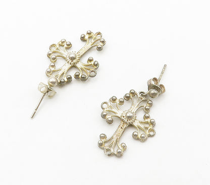 925 Sterling Silver  Vintage Swirl Religious Cross Drop Earrings  EG7874