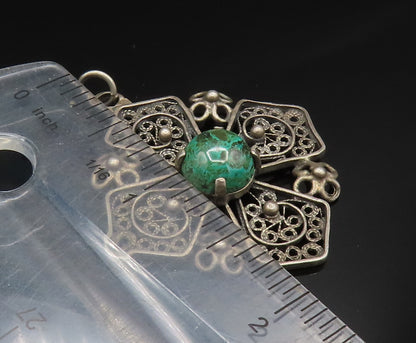 ISRAEL 925 Silver   Vintage Filigree Swirl Chrysocolla Cross Pendant  PT20581