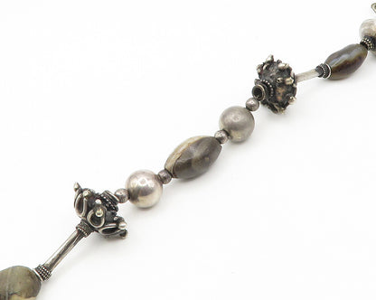 Solid Silver Vintage Antique Multi Gemstone Heavy Beaded Chain Necklace  NE2844