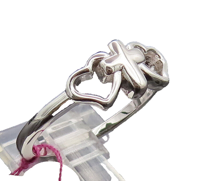 925 Sterling Silver  Vintage Cutout Cross Between 2 Hearts Ring Sz 8  RG26907