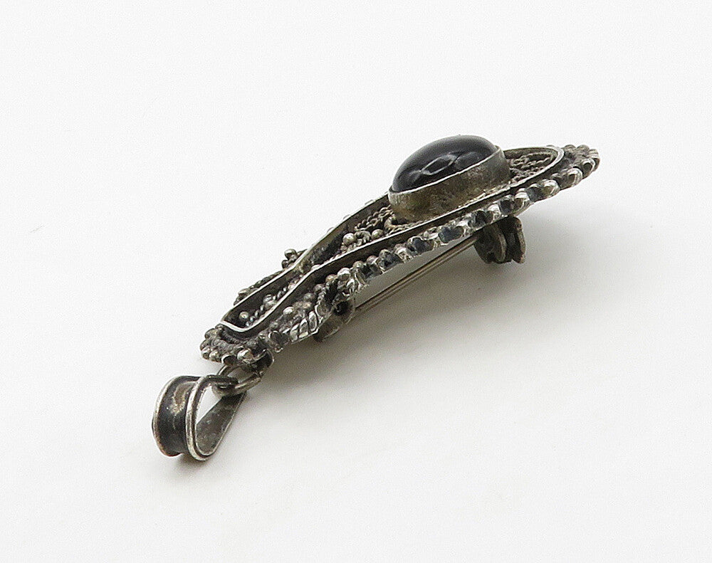 ISRAEL 925 Sterling Silver  Vintage Cabochon Cut Black Onyx Brooch Pin  BP6372