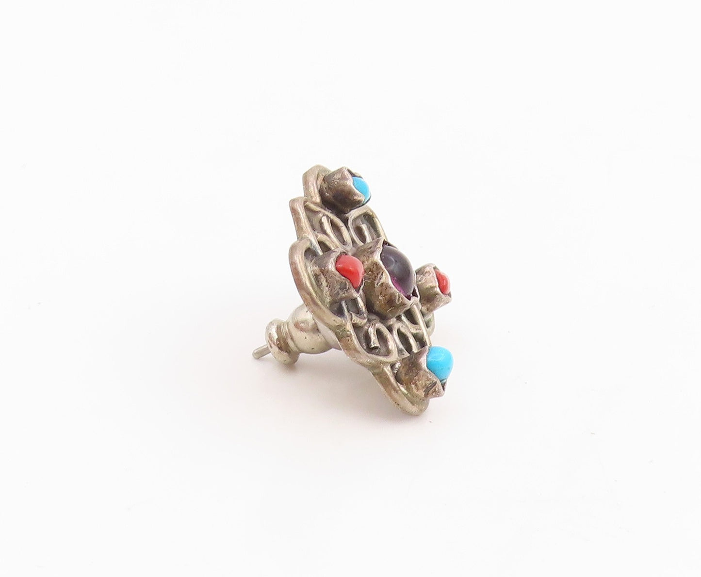 925 Sterling Silver Vintage Earrings MEXICO Multi Gemstone Floral Stud  EG14092