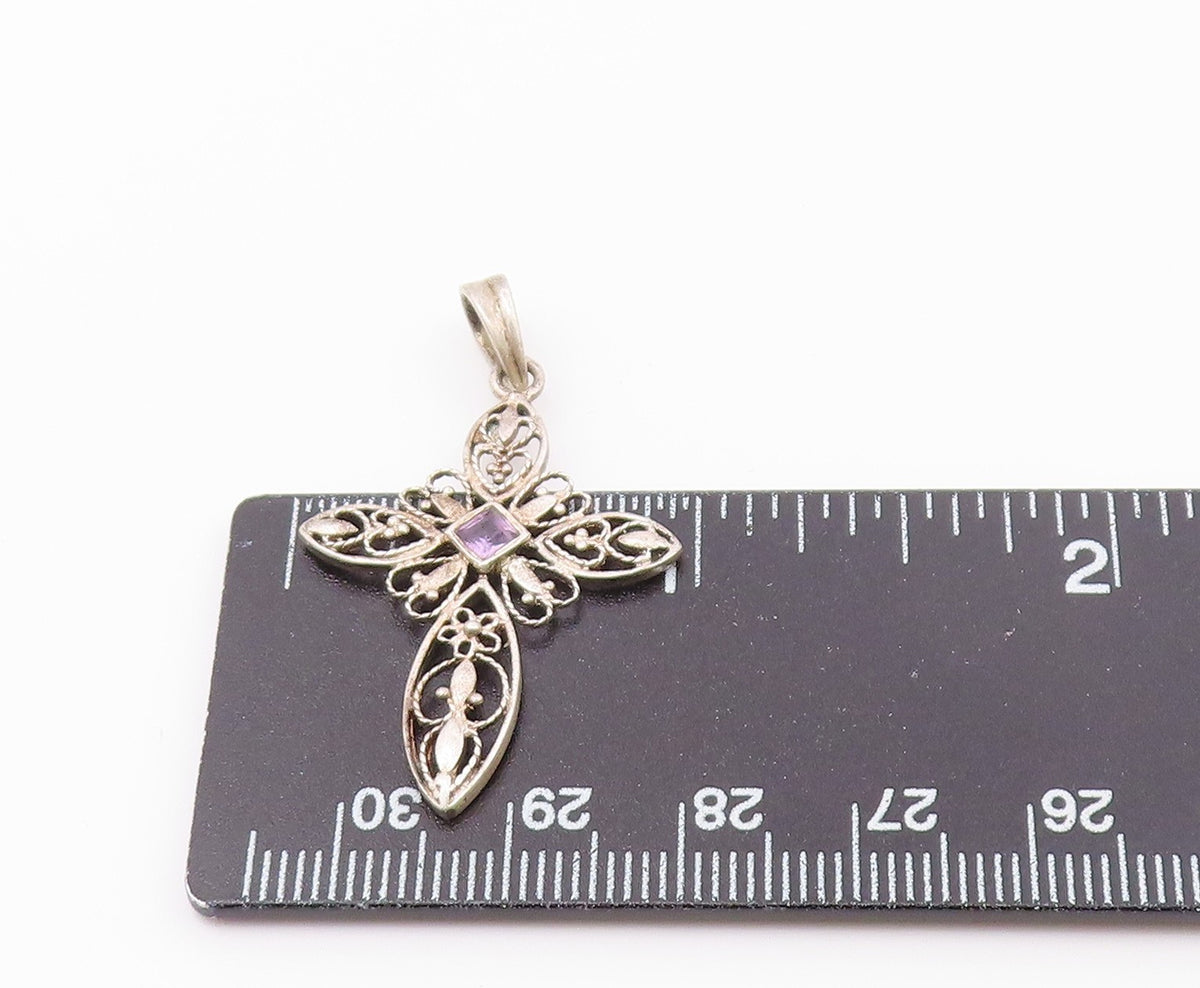 925 Silver  Vintage Openwork Heart & Flowers Cross Gemstone Pendant  PT21316
