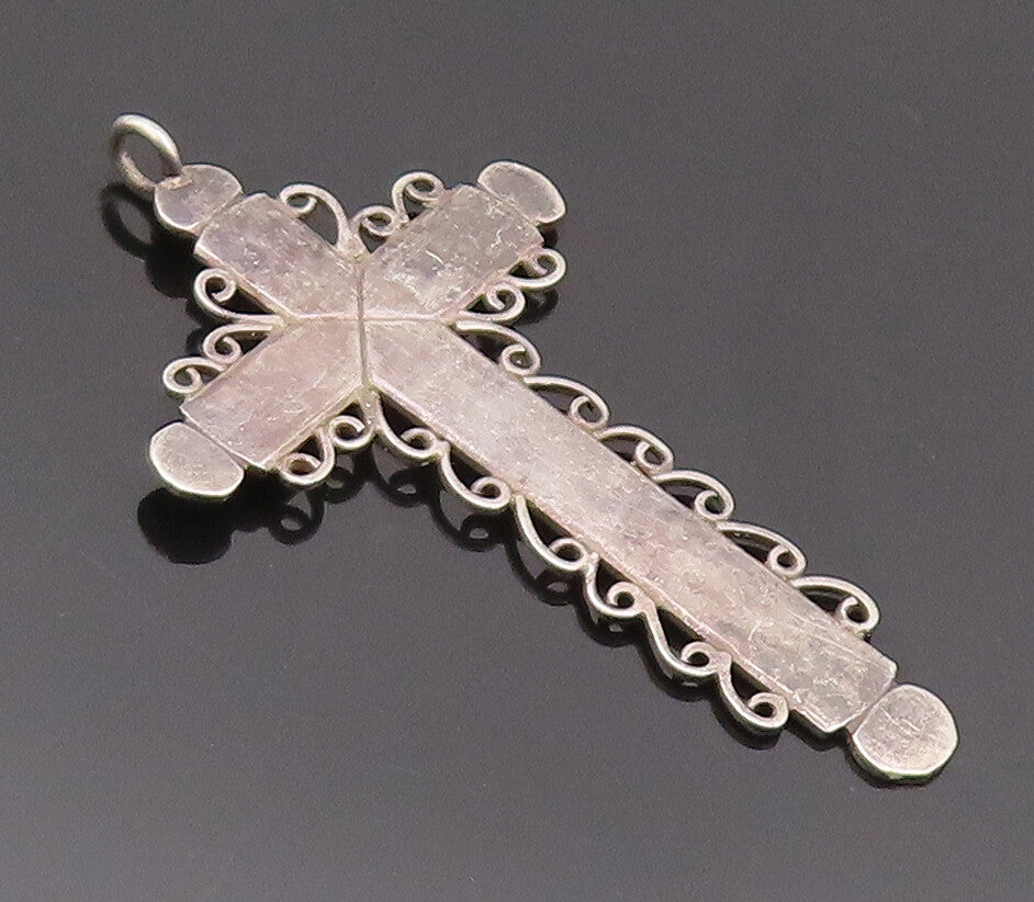 925 Sterling Silver Vintage Pendant Solid Religious Cross Halo Swirls  PT22673