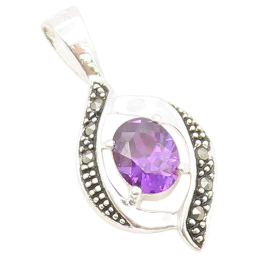 925 Sterling Silver Vintage Pendant Modernist Amethyst & Marcasite Drop  PT26649