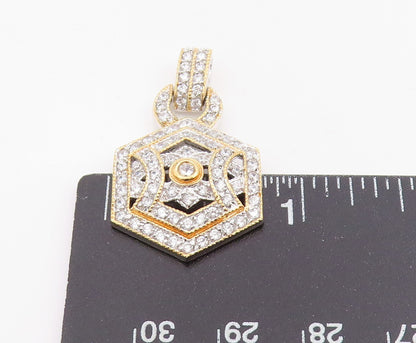 925 Sterling Silver Vintage Pendant Sparkling CZ Two Tone Hexagon Charm  PT25488