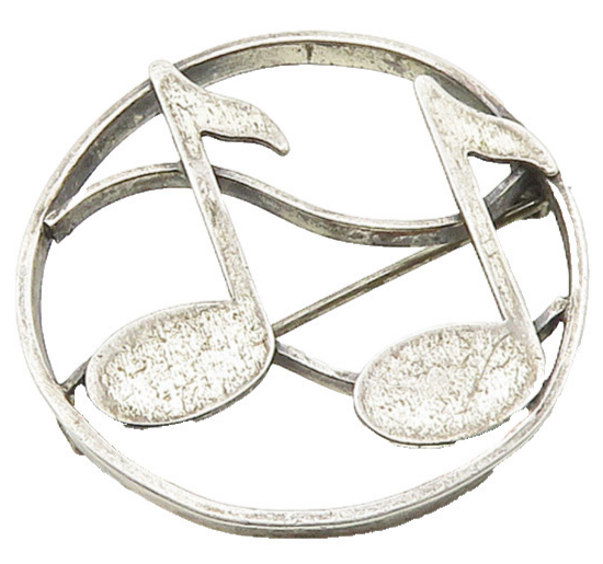BEAU 925 Sterling Silver   Vintage Music Notes Round Smooth Brooch Pin  BP6616