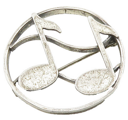 BEAU 925 Sterling Silver   Vintage Music Notes Round Smooth Brooch Pin  BP6616