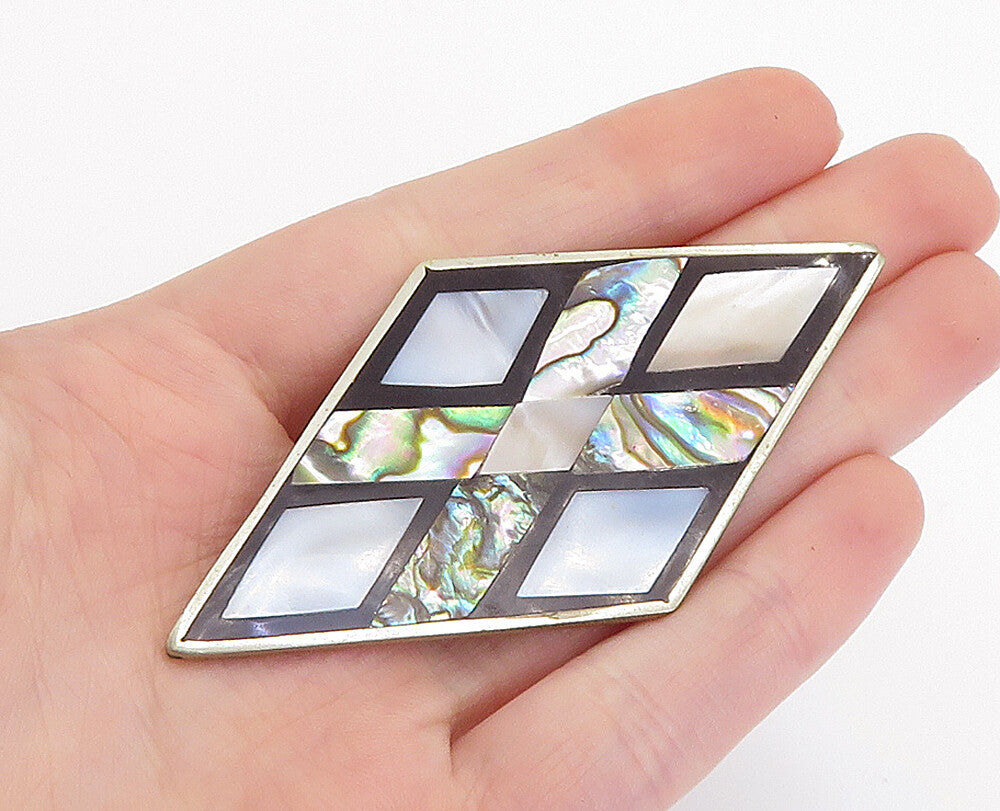 MEXICO 925 Silver  Vintage Mother Of Pearl & Abalone Shell Brooch Pin  BP2884