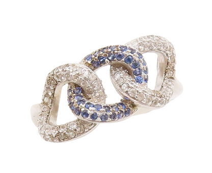 925 Sterling Silver Vintage Ring 2 Tone Sapphire Inlay Linked Rings Sz 7 RG29365
