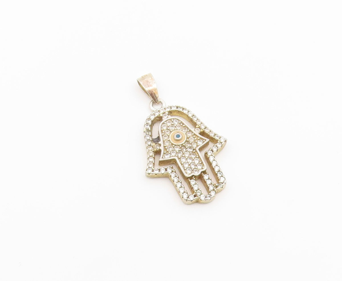 925 Sterling Silver Vintage Pendant CZ Hamsa Evil Eye Protection Charm  PT26552