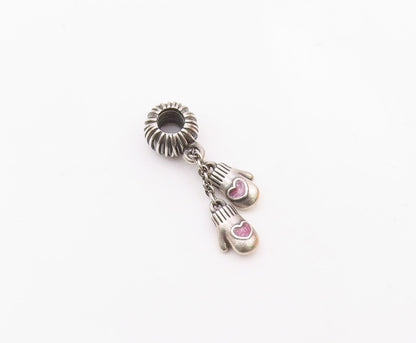 925 Silver  Vintage Enamel Love Heart Pair Of Mittens Charm Pendant  PT21740