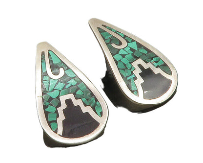 MEXICO 925 Sterling Silver  Vintage Malachite Mosaic Dangle Earrings  EG6370