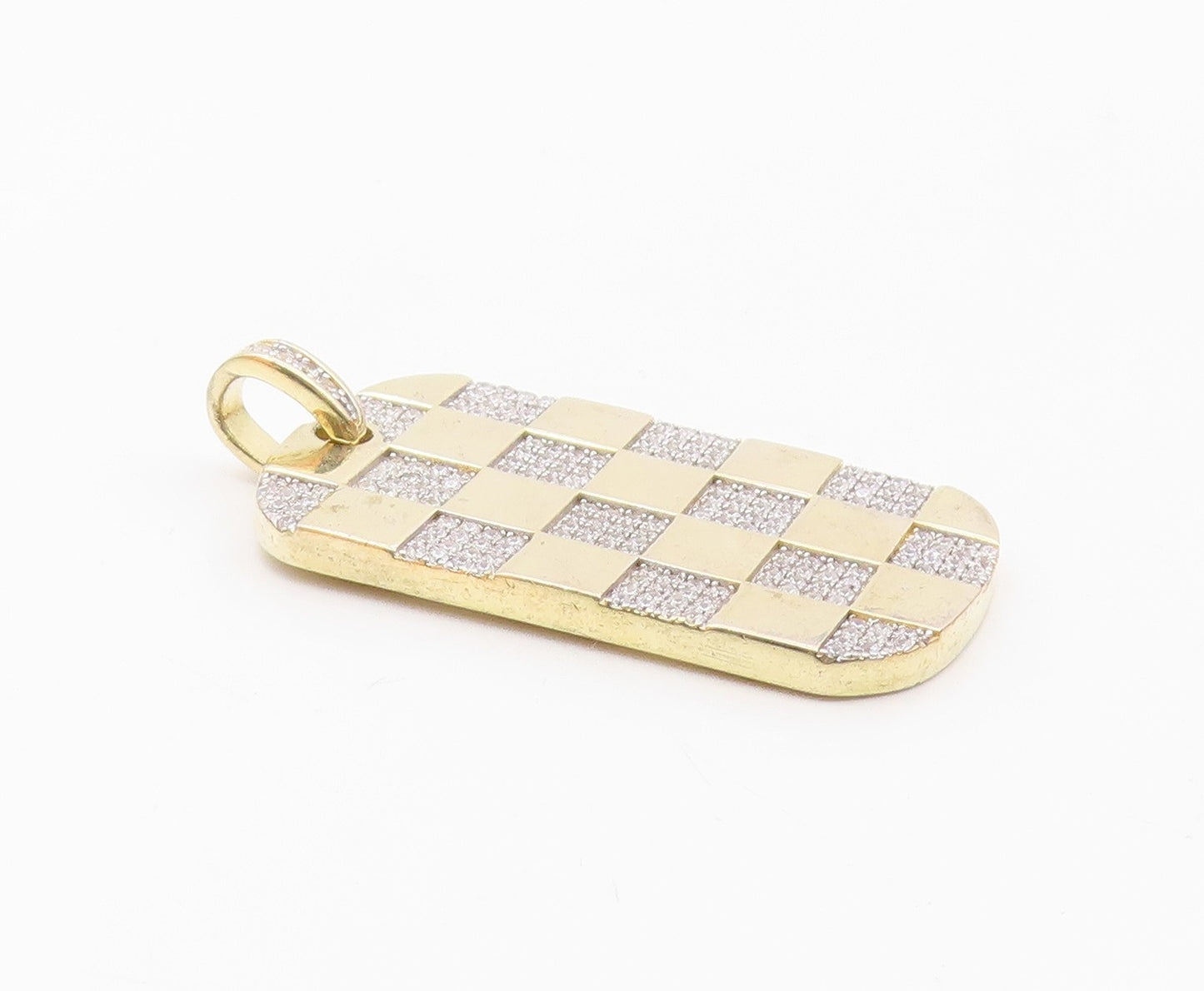 925 Sterling Silver  Shiny Cubic Zirconia Checkered Dog Tag Pendant  PT11125