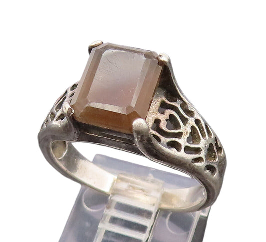 925 Silver  Vintage Quartz With Stencil Cutout Shoulder Ring Sz 8.75  RG26686