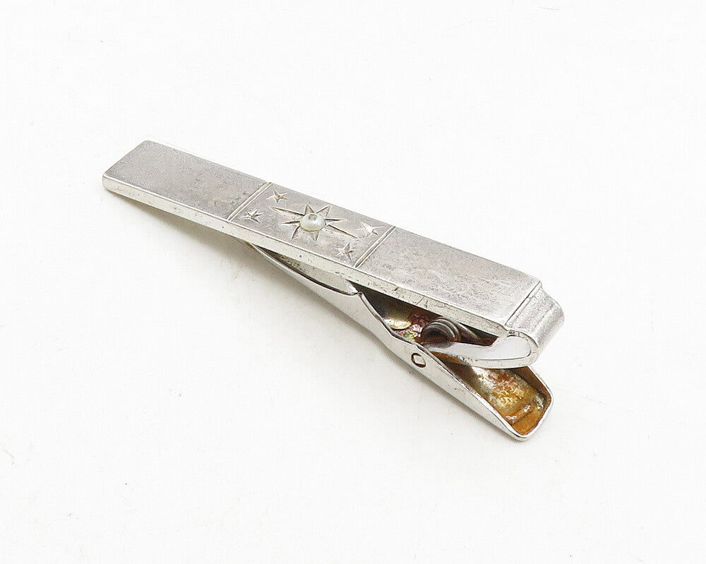 925 Sterling Silver  Vintage Petite Pearl Shiny Star Etched Tie Clip  TR1647