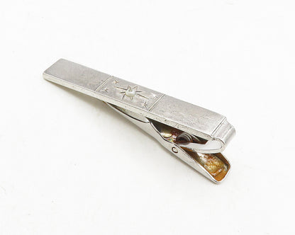 925 Sterling Silver  Vintage Petite Pearl Shiny Star Etched Tie Clip  TR1647