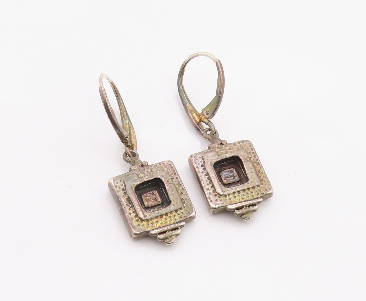 14k Gold & 925 Sterling Silver Vintage Earrings Hammered Square Drop  EG14402