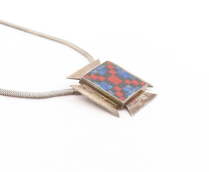 925 Sterling Silver Vintage Necklace Lapis Lazuli Inlay Checker Board   NE4669