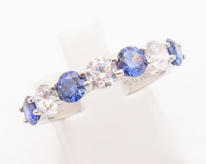 925 Sterling Silver Vintage Ring Round Cut Blue & White CZ Band  Sz 7  RG29799