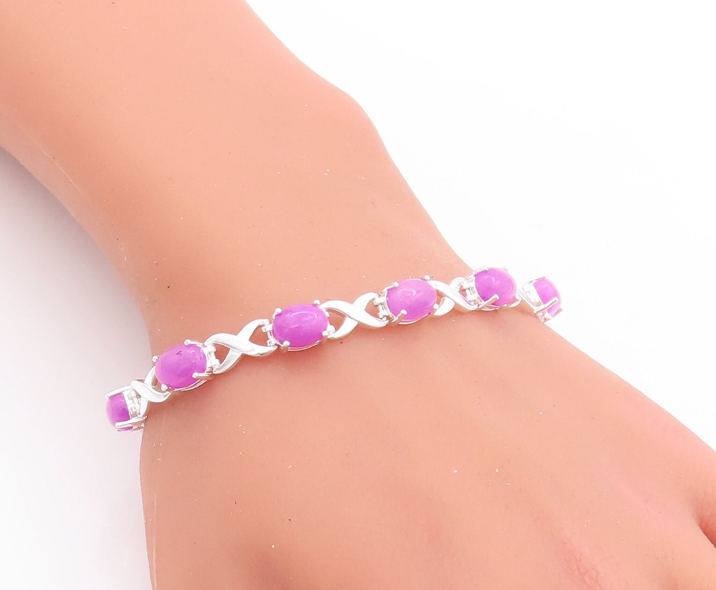 925 Sterling Silver Vintage Bracelet Oval Cut Purple Gemstones X Links  BT10666