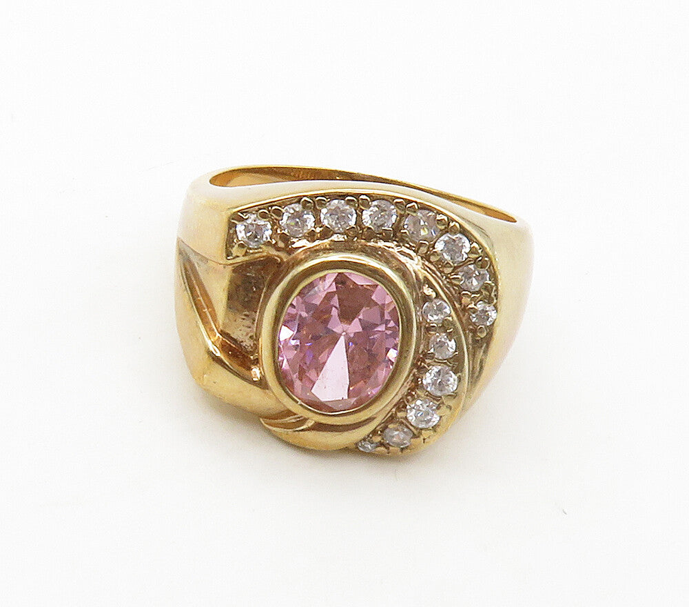 925 Sterling Silver Pink & White Topaz Gold Plated Cocktail Ring Sz 10 RG16458