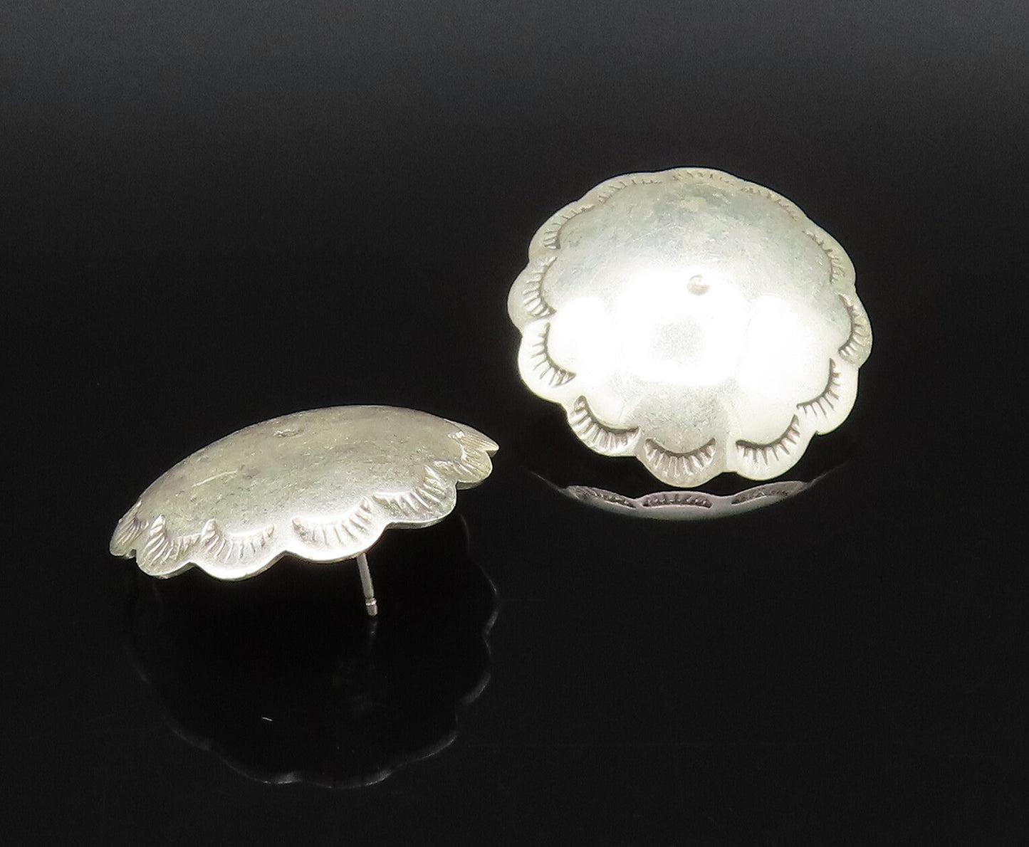 925 Sterling Silver  Vintage Etched Lines Border Dome Earrings  EG12260