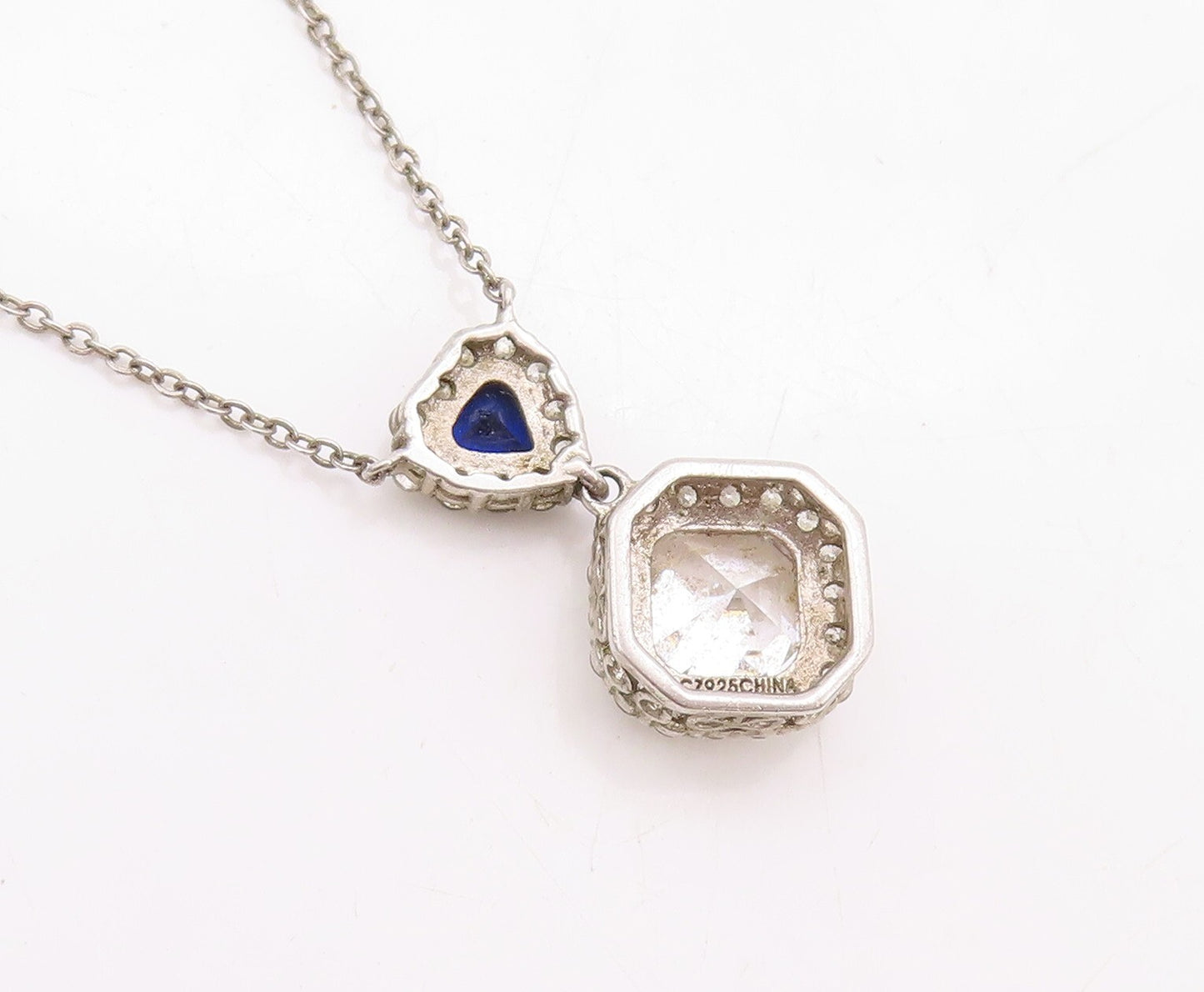 925 Sterling Silver Vintage Necklace Square Topaz & Triangle Sapphire  NE4378