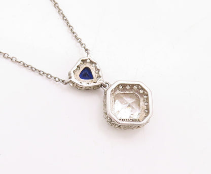 925 Sterling Silver Vintage Necklace Square Topaz & Triangle Sapphire  NE4378