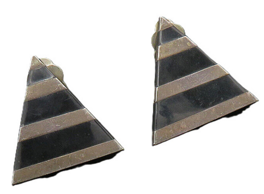MEXICO 925 Silver  Vintage Black Onyx Striped Non Pierce Drop Earrings  EG9740