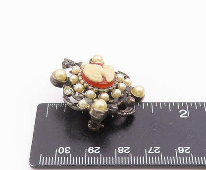925 Sterling Silver  Vintage Petite Pearls & Carnelian Cameo Brooch Pin BP8060