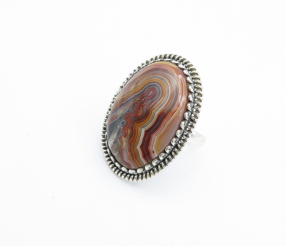 925 Sterling Silver Agate Shiny Twist Border Cocktail Ring Sz 8.5  RG8007