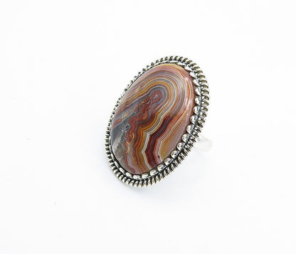 925 Sterling Silver Agate Shiny Twist Border Cocktail Ring Sz 8.5  RG8007