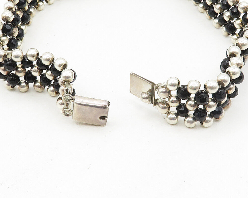 MEXICO 925 Silver  Vintage Heavy Black Hematite Beaded Chain Necklace  NE2948