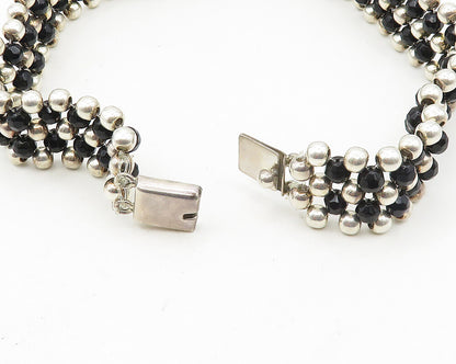 MEXICO 925 Silver  Vintage Heavy Black Hematite Beaded Chain Necklace  NE2948