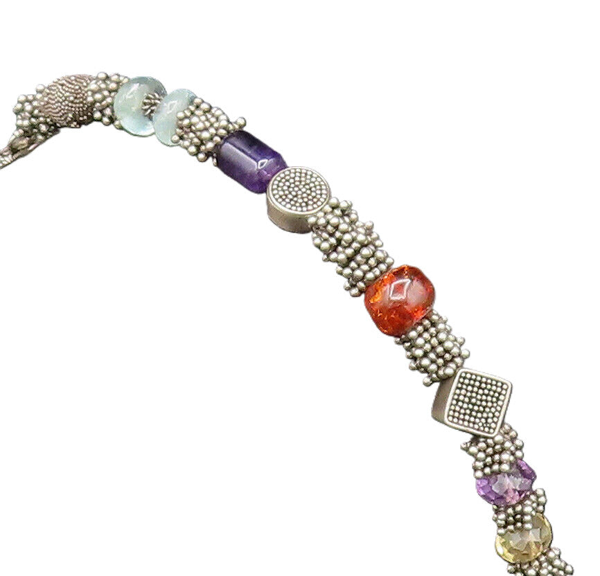925 Silver  Vintage Beaded Cluster Amber Amethyst & Quartz Bracelet  BT9671