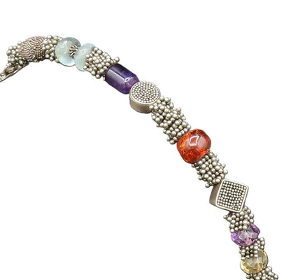925 Silver  Vintage Beaded Cluster Amber Amethyst & Quartz Bracelet  BT9671