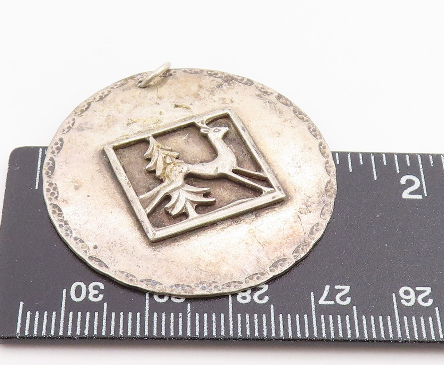 925 Sterling Silver Vintage Pendant Carved Reindeer & Pine Tree Medal  PT25474