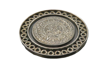 AVG MEXICO 925 Silver  Vintage Mayan Aztec Sun Calendar Brooch Pin  BP4016