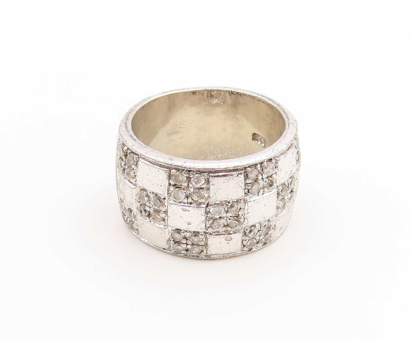925 Sterling Silver Vintage Ring Modernist CZ Checkerboard Band  Sz 6  RG36877