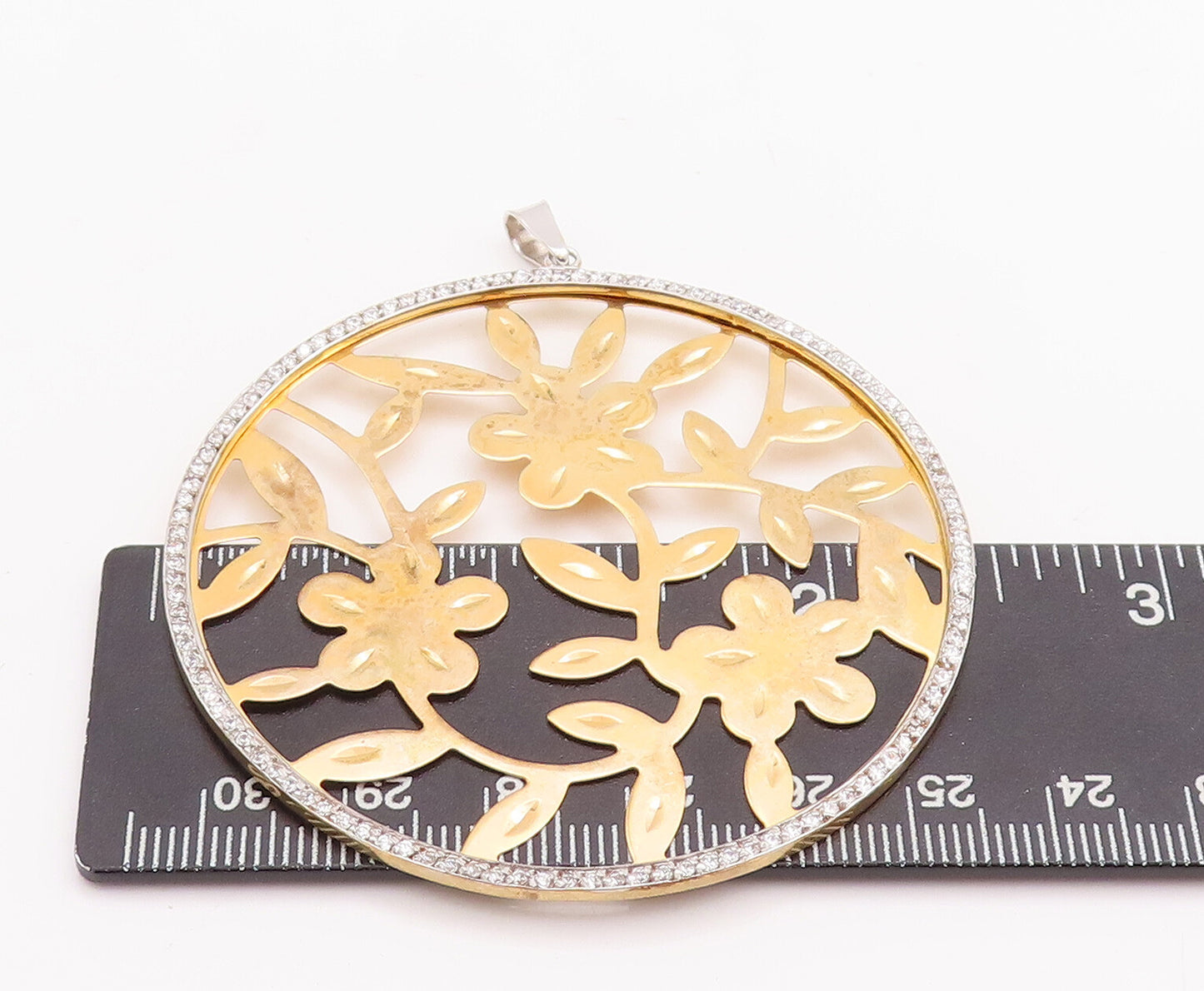 925 Sterling Silver Vintage Pendant Round Floral Stencil Cutout CZ Frame PT23259