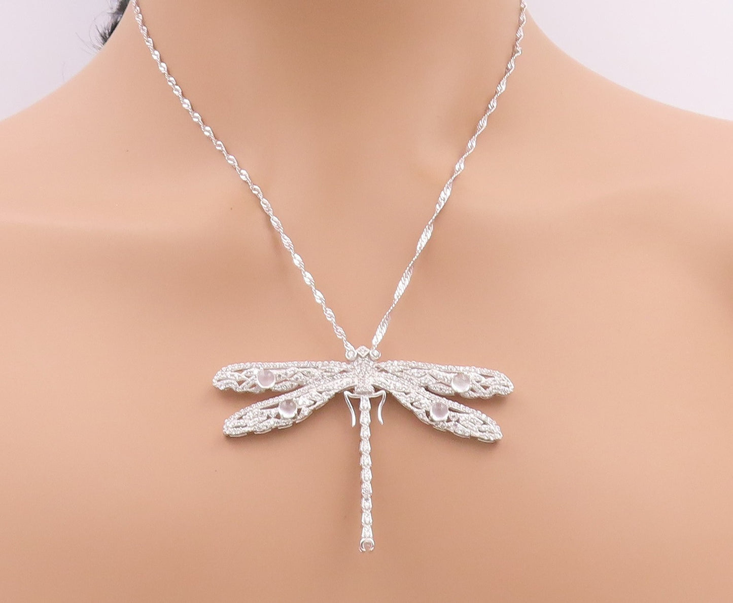 925 Sterling Silver Vintage Necklace Designer Cat's Eye & CZ Dragonfly  NE4521