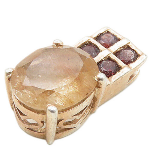 925 Sterling Silver  Vintage Prong Set Topaz & Garnet Shiny Pendant  PT15427