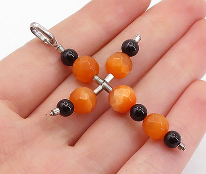 925 Sterling Silver  Black Onyx & Orange Cat's Eye Beaded Cross Pendant PT4643