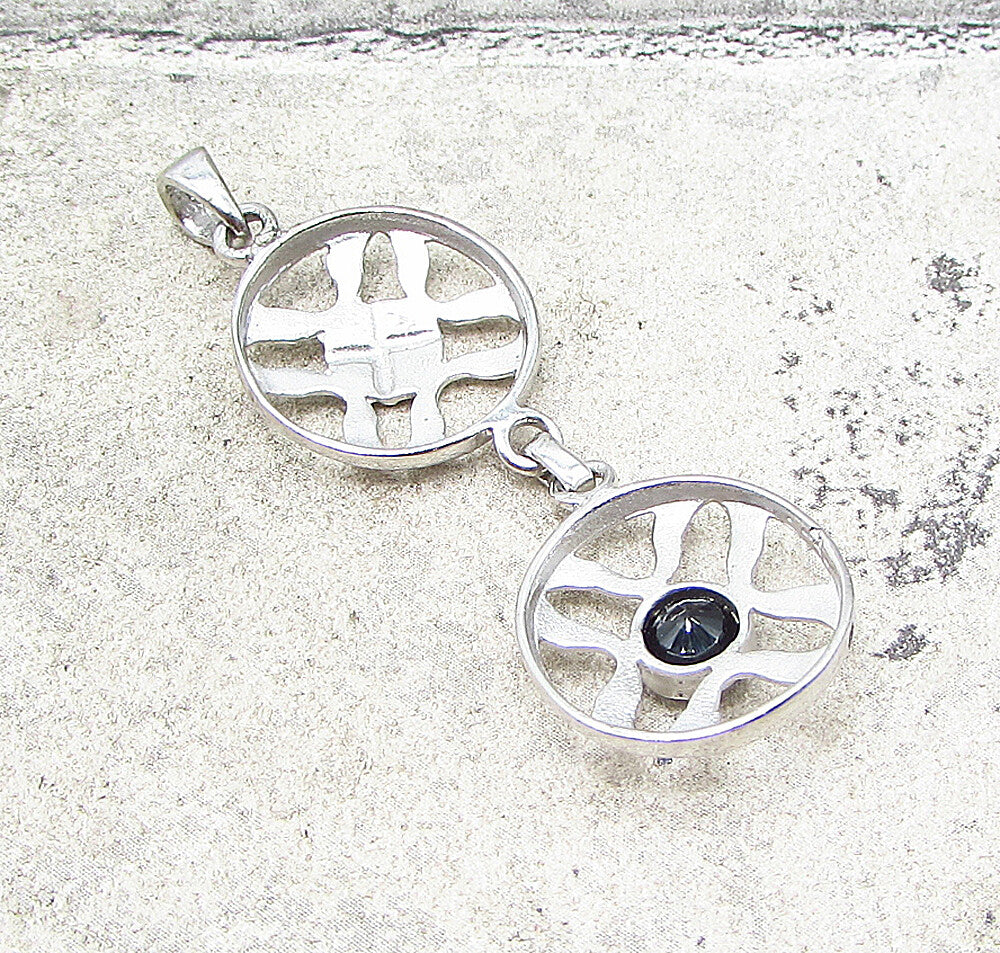 925 Sterling Silver  Faceted Sapphire Linked Cross Wheels Drop Pendant  PT1531