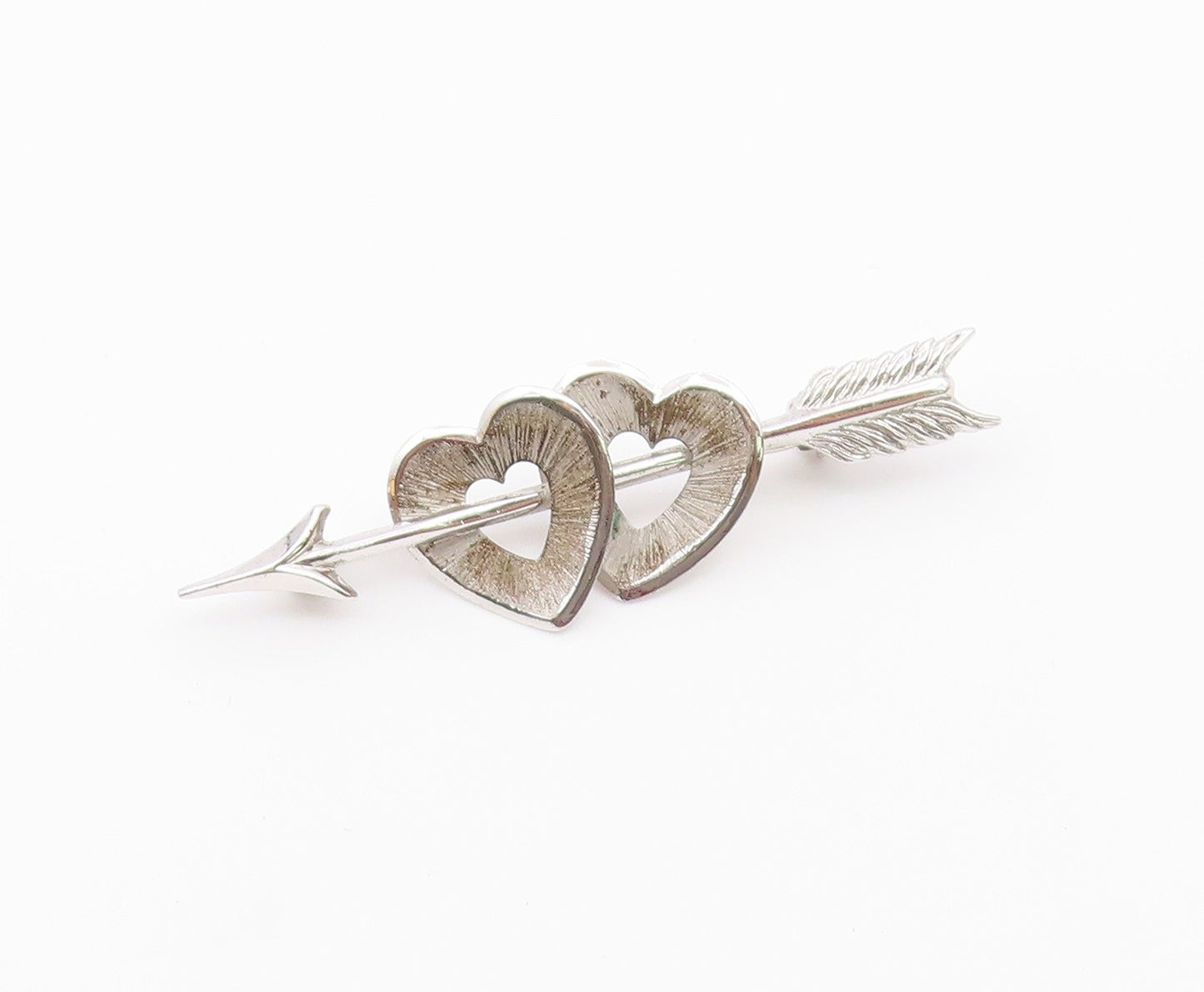 BEAU 925 Silver  Vintage Cupid Arrow Through Love Hearts Brooch Pin  BP9733